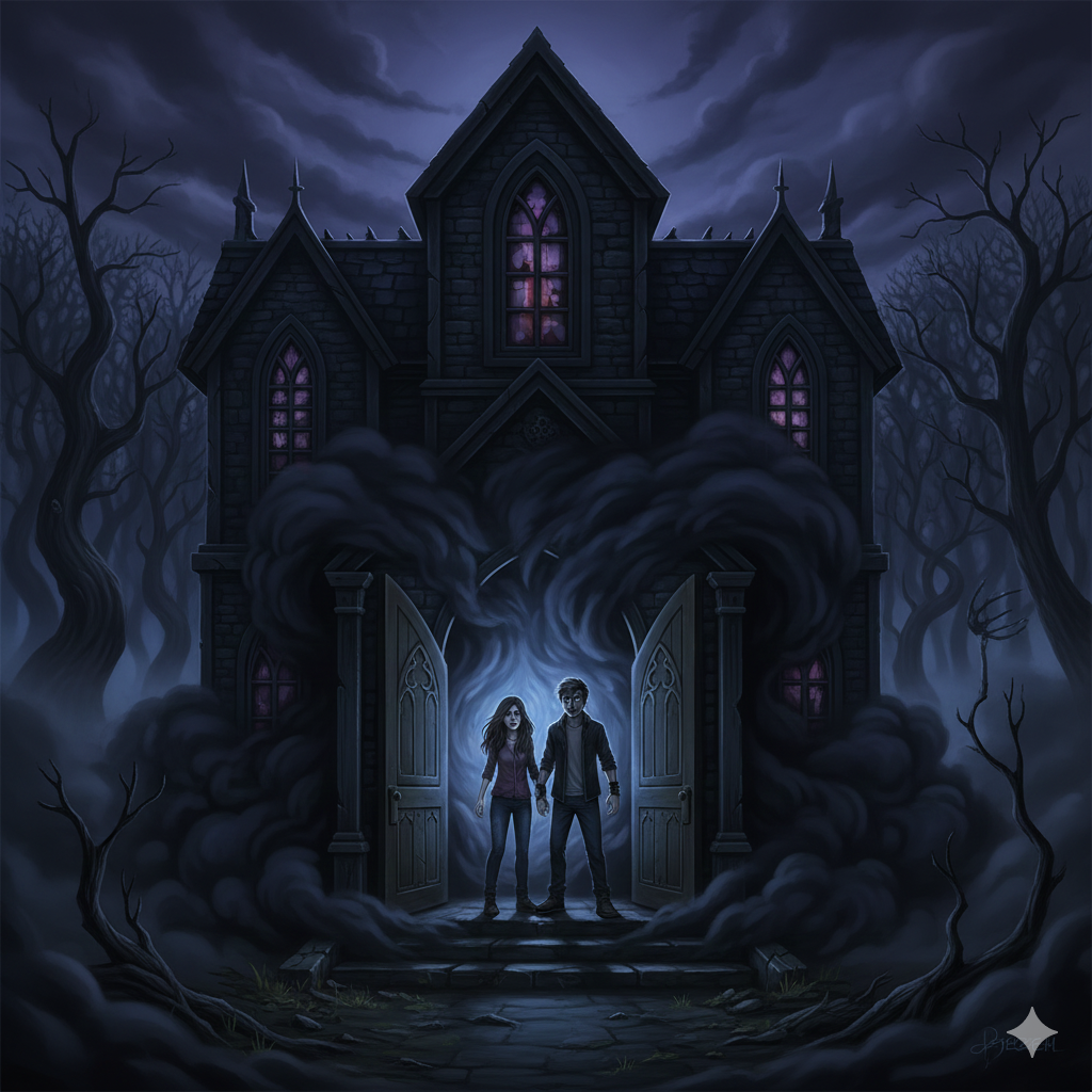 Concept art showing the black mist surrounding the Gothic Manor.